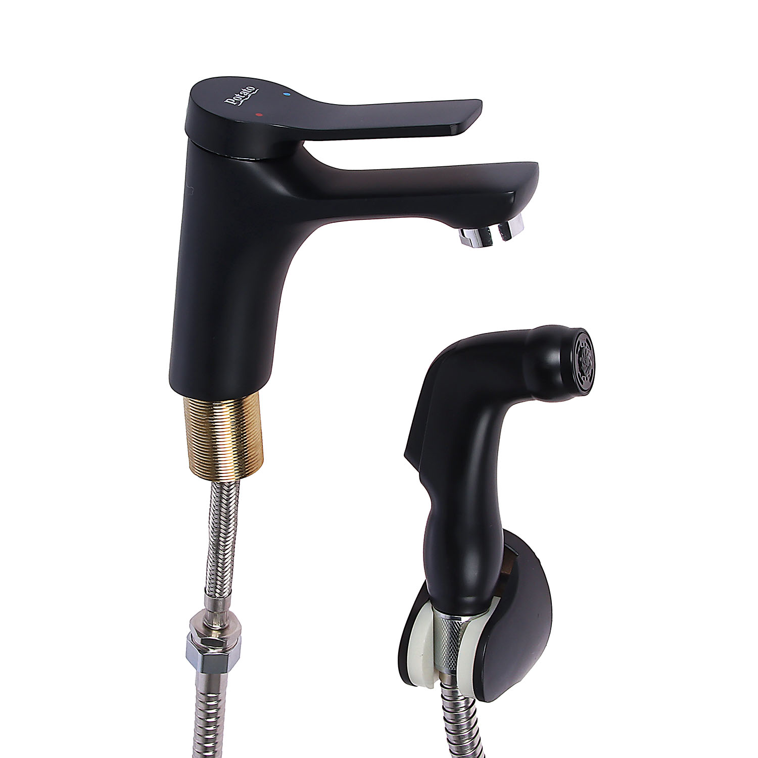 Смеситель для умывальника Potato P12292BL с гигиенической лейкой, черный матовый *1/10