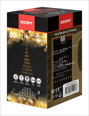 Гирлянда новогодняя СТАРТ,  2*1 м, 66 ламп, 220 В, 1 режим, занавес треугольный
