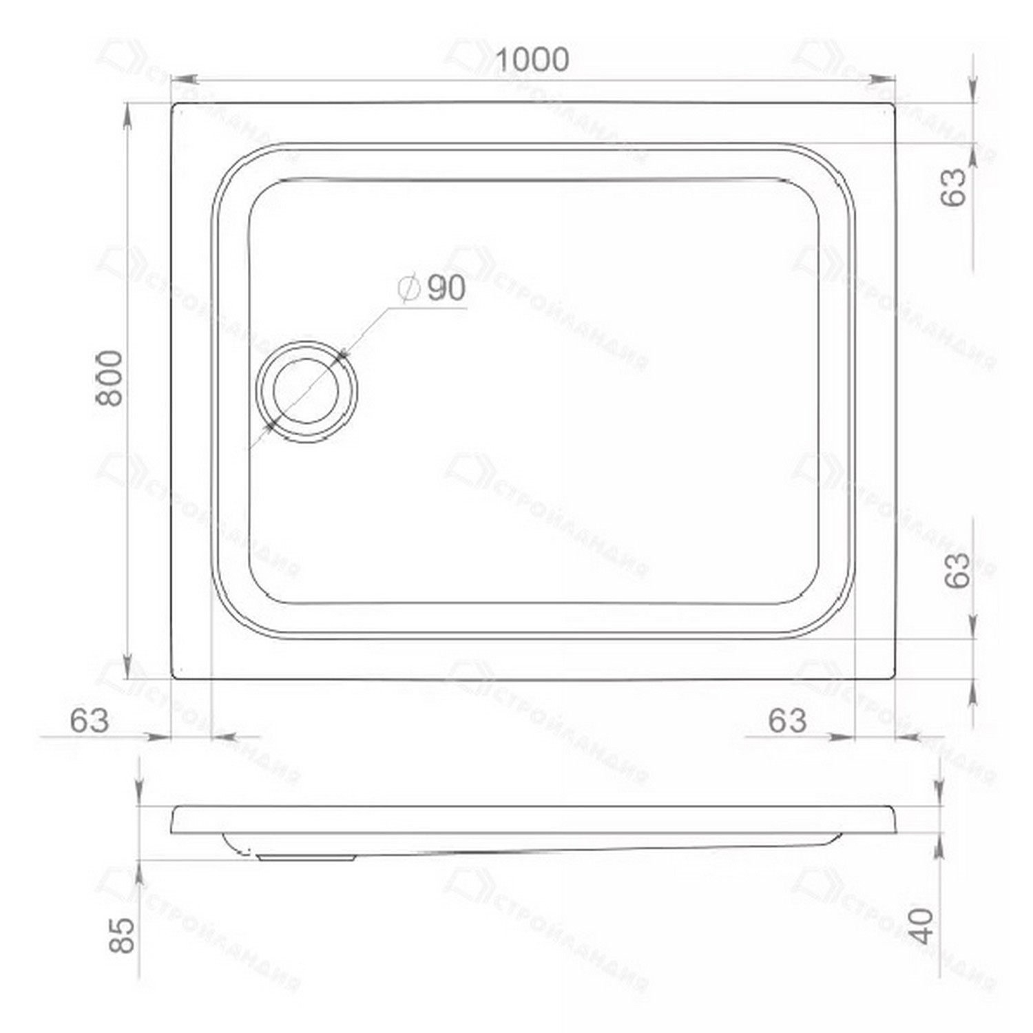 Поддон акриловый 100х80 прямоугольный, низкий, ПД25, в комплекте *1
