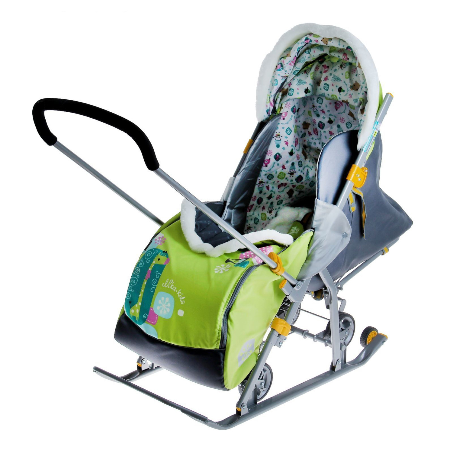 Санки-коляска детские "Ника Детям 7-2" лимонный рис."жираф" плоск.полозья/колеса НД7-2  *1