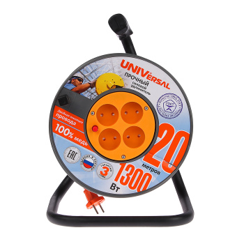 Удлинитель 4 розетки 30м б/з КАТУШКА ПВС 2*0,75 6А мощ.нагр 1300Вт Универсал ВЕМ-250 термо *1