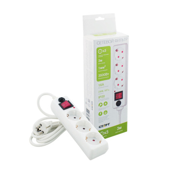 Сетевой фильтр 3 розетки 3м 16А ПВС 3x1 нагрузка 3500Вт белый Старт SP 3р3м *1/20