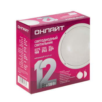 Светильник светодиодный ОНЛАЙТ OBL-R1-12-4K-WH-IP65-LED 900Лм кругл. пласт.IP65 бел71686 *1/24