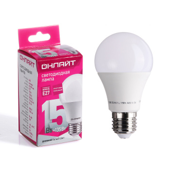 Лампа светодиодная ОНЛАЙТ, Е27, груша A60, 15 Вт, 1350 Лм, 6500 К, холодный белый