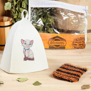 Набор для бани "Котёнок" в косметичке: шапка с принтом, мочалка 3878453