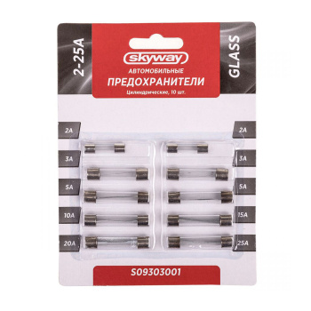 Предохранитель автомобильный стеклянный Skyway, цилиндрический, 2-25А, наб, S09303001 4182510