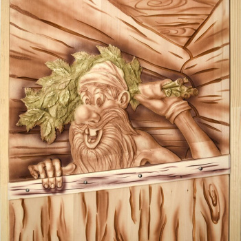 Дверь глухая из цельного массива "Озорной Дед"1,9х0,7м,липа Класс А,коробка из сосны "банные штучки"